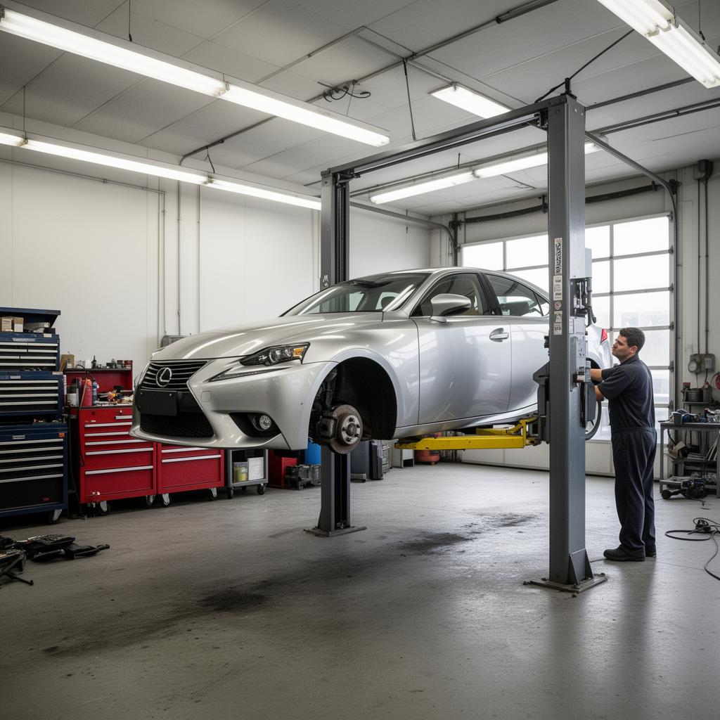 Silver Lexus IS raised on the service lift in our bay