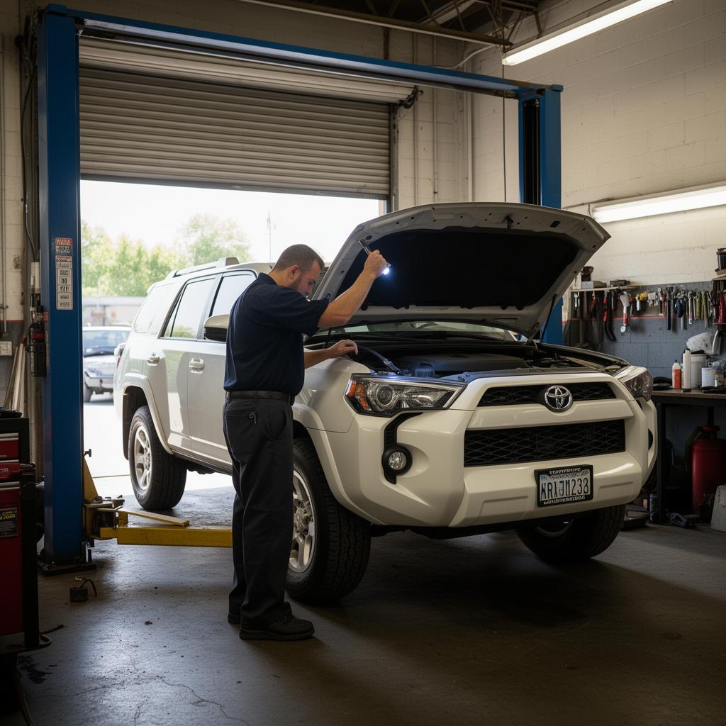 Toyota 4Runner getting an engine inspection in the shop